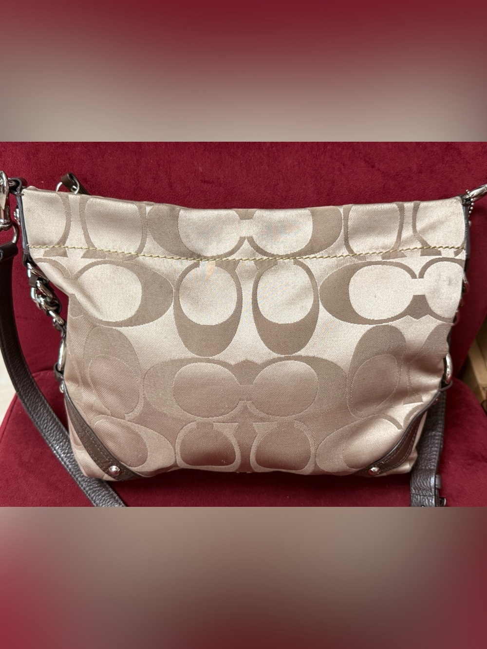 Coach Satin Signature 'C' Shoulder bag in Beige and Tan